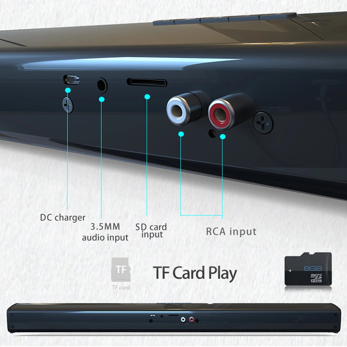 Barra de Sonido Bluetooth 5.3 Estéreo 2.0 – Con Control Remoto, RCA y Batería Recargable