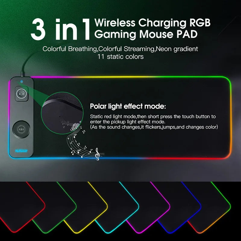 Alfombrilla Para Ratón Gaming Profesional Con Cargador Inalámbrico y Luz RGB